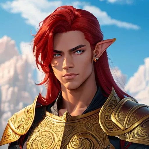 Prompt: oil painting, fantasy, satyr man, tanned-skinned-male, beautiful, bright red hair, straight hair, stoic, pointed ears, looking at the viewer, paladin wearing intricate white gold armor, #3238, UHD, hd , 8k eyes, detailed face, big anime dreamy eyes, 8k eyes, intricate details, insanely detailed, masterpiece, cinematic lighting, 8k, complementary colors, golden ratio, octane render, volumetric lighting, unreal 5, artwork, concept art, cover, top model, light on hair colorful glamourous hyperdetailed medieval city background, intricate hyperdetailed breathtaking colorful glamorous scenic view landscape, ultra-fine details, hyper-focused, deep colors, dramatic lighting, ambient lighting god rays, flowers, garden | by sakimi chan, artgerm, wlop, pixiv, tumblr, instagram, deviantart