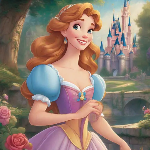 Prompt: Vivid, detailed, Disney classic art style, Giselle Disney princess, smiling, castle in background