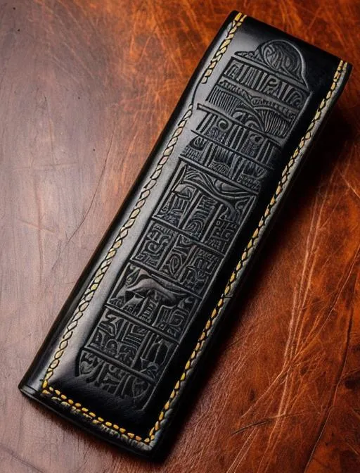 Prompt: An intricate carved leather hunting knife sheath with Egyptian hieroglyphs, cartouches, scarabs. and gods