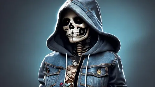 Prompt: hyper realistic full body female skeleton with sugar skull, wearing a denim hoodie on her head, dark cinematic, UHD, 3D