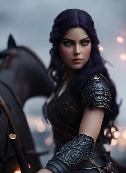 Prompt: she has dark purple hair, create most beautiful fictional female viking princess warrior, dark purple hair, light blue eyes, extremely detailed environment, detailed background, intricate, detailed skin, professionally color graded, photorealism, 8k, moody lighting