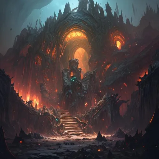 Prompt: extreme long shot concept art depicted eldrich mountain entrance fantasy, liminal space , huge mountains, subterranean city, caverns, light fantasy, arcane punk, dark ambiance, art inspired by league of legends and arcane, style by jason engle and jordan grimmer, trending on artstation, unreal engine, golden ratio, spectacular composition