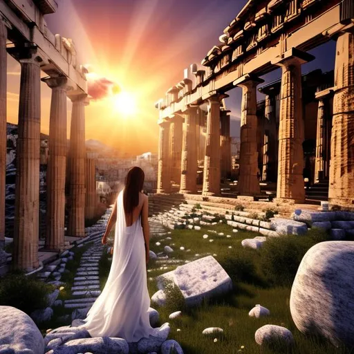 Prompt: HD 4k 3D 8k professional modeling photo hyper realistic beautiful woman ethereal greek goddess of simplicity
dark brown natural hair dark eyes gorgeous face black skin  shimmering simple dress full body surrounded by magical glowing light hd landscape background acropolis at athens with healing potions