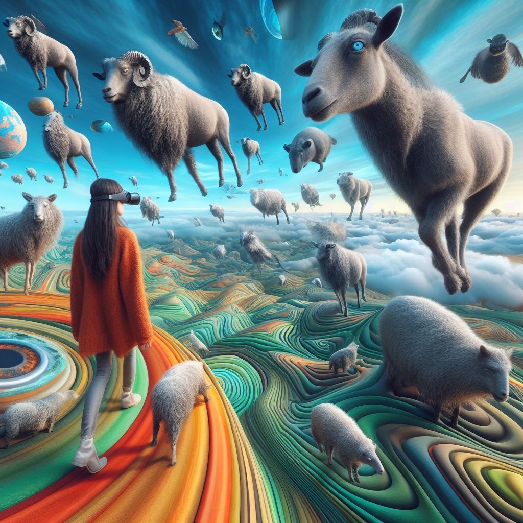 Prompt: a photo where animals are flying, in the style of psychedelic surrealist landscapes, surreal 3d landscapes, vladimir kush, martiros saryan, depth of layers, surreal human figures, wandering eye