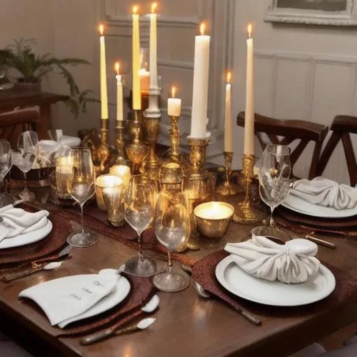 Prompt: A portrait of a table set for a candlelit dinner at night