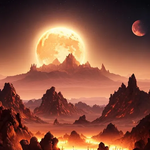 Prompt: giant moon burning brightly over a desert. fantasy world. amazing lighting. full artwork