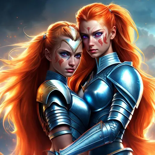 Prompt: HD 4k 3D 8k professional modeling photo hyper realistic beautiful twin warrior women ethereal greek goddesses of battle
orange hair in ponytails blue eyes gorgeous face fair skin dark bejeweled armor shields full body surrounded by magical glow hd landscape background trojan battlefield