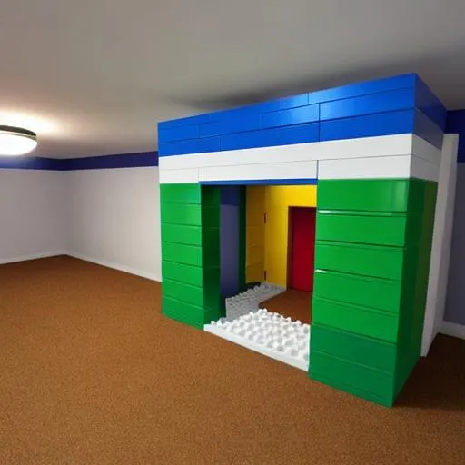Prompt: a backrooms level made out of lego bricks with green-colored walls, a flickering fluorescent light in the corner, and a single door at the far end. the floor is covered in pieces of discarded lego bricks, and just out of frame, there's a pile of half-built lego sets.((high resolution rendering)), ((camera set to the floor level to enhance the "backrooms" aesthetic)), ((reminiscent of the studded lego bricks of the 1980s))