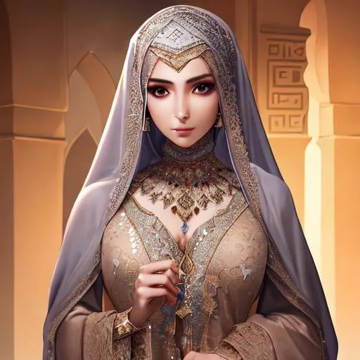 Prompt: high detail, a woman wearing  Arabic clothes, lighting soft skin, detailed face, digital art full body shot, looking at camera