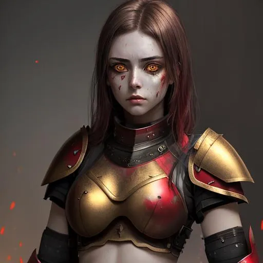 Prompt: beautiful young woman with sad golden eyes and a bruised face, wearing red and black half-plate armor with an exposed, bruised midriff