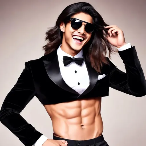 Prompt: an attractive long-haired 20-years old laughing man with a six pack abs wearing a crop top black long sleeve tuxedo, he has sunglasses on his head 