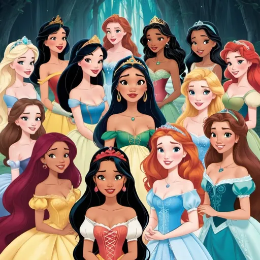 Prompt: Snow White, Aurora, Cinderella, Ariel, Belle, Jasmine, Pocahontas, Mulan, Tiana, Rapunzel, Merida, Moana and Raya together, all of them pregnant