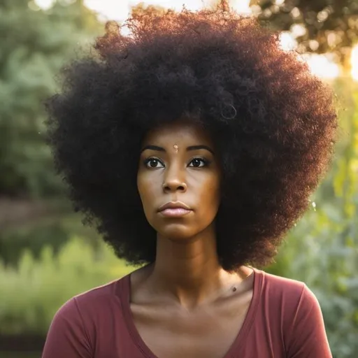 Prompt: A black woman with Afro  staring at a river surrounded by shrubs and trees in deep thought 