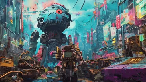 Prompt: Weird colorful teddy bears, nuclear wasteland, assembly line, cloning, mech, guns, hyper detailed, very colorful 