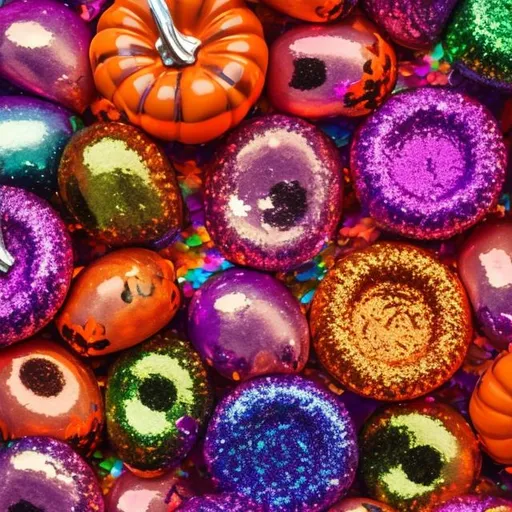 Prompt: Miniature Sequins and Halloween objects in the style of Lisa frank