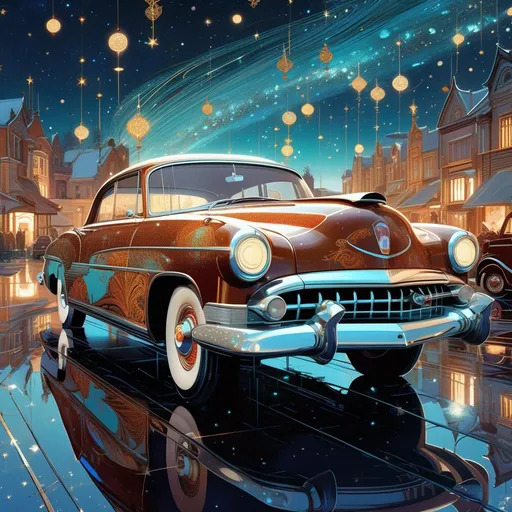 Prompt: a beautiful retro car, starry sky, highly detailed, intricate motifs, organic tracery, perfect composition, digital painting, artstation, concept art, smooth, sharp focus, illustration, Carne Griffiths, pixar,  Victo ngai, Jean Baptiste Monge, shiny aura, old but robust, bright but deep 