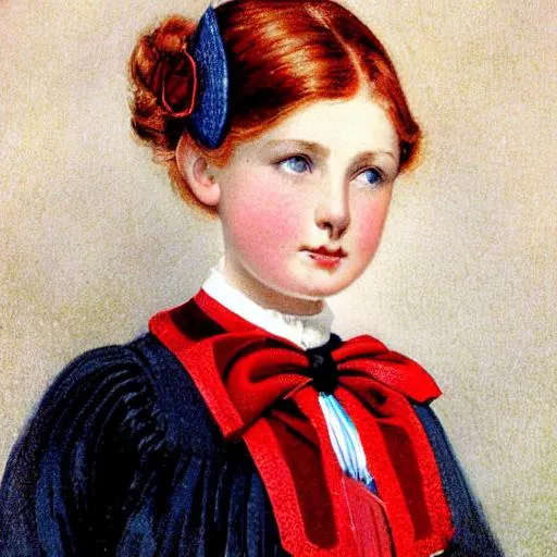 Prompt: Color portrait of a beautiful Victorian girl with red hair, dark blue eyes, and light freckles. Wearing a dark blue school uniform and a hair bow.