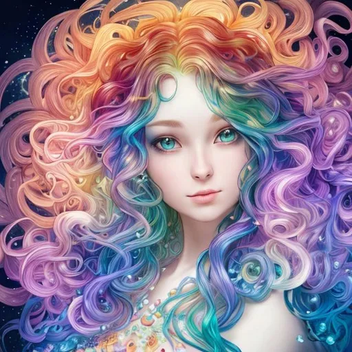 Prompt:  Beautiful mermaid, photorealistic face, curl long multicolored beaming mandelbrot clusters fractal Hair