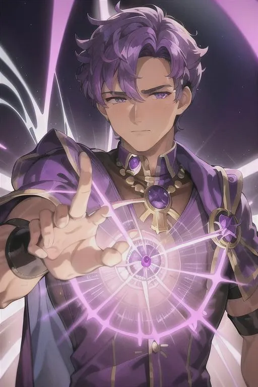 Prompt: (masterpiece, illustration, best quality:1.2), Luke Perry summoning a purple electricity, male, solo, tan skin, wearing beautifully detailed purple mage clothes, stray hairs, calm demeanor, closed eyes, vibrant purple short hair, bright purple hair, purple hair, beautiful white hair tips, wearing beautifully detailed purple mage clothes, finely detailed,  detailed face, toned face, eyes closed, cape, detailed jewelry, clothing, wearing beautifully detailed purple mage clothes, cool pose, beautiful detailed shading, beautifully detailed college background, fantasy background, sharp focus, absurdres, highres, cinematic lighting, street photography, macro detailed shading, smooth soft detailed skin, {{hyper detailed}}, photo realistic, {{{masterpiece}}}, glowing light, detailed background, hair between eyes, dynamic angle, library, 4K, HDR, perfect eyes