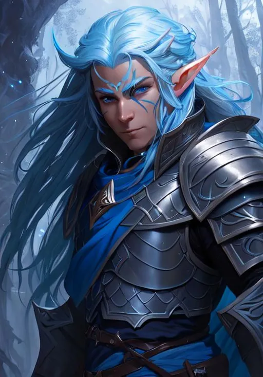 Prompt: male dnd eladrin elf, half plate armor, face tattoo, light blue eyes and hair, artstation, by justin gerard and greg rutkowski, high resolution, digital art