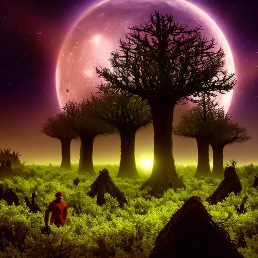 Prompt: Aliens clearing trees in an alien forest, in the style of Star Trek. {Star Trek: The Next Generation}