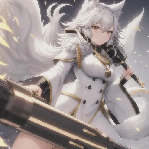 Prompt: A Kitsune in a white combat uniform, with a white fur cloak around her shoulders, holding a black and gold greatsword, smiling warmly at the camera.