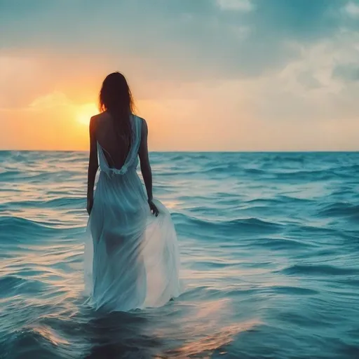 Prompt: woman in white dress lost in the ocean, her back turned, artistic art, silhoutte, sunset
