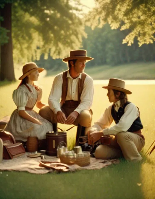 Prompt: A frontier family in 1800s attire enjoy summertime activities like horseback riding, fishing, and picnicing together in a wooded meadow. Golden light, shot on 35mm film. Nostalgic, warm, community.
