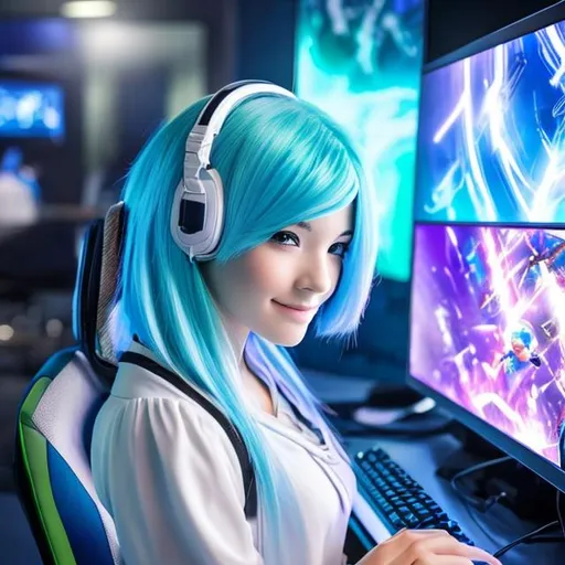 Prompt: a butiful anime girl with blue hair and green eyes playing video games on a pc


