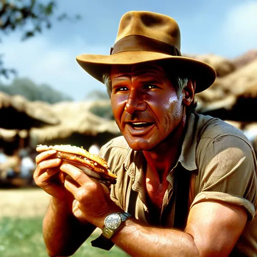 Prompt: Old  Harrison Ford Indiana Jones chowing down on a burger, realistic 4k photograph