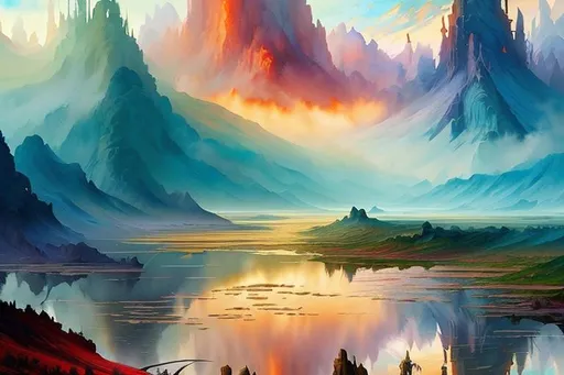Prompt: Cinematic fantasy landscape in Gouache Style, Watercolor, Museum Epic Impressionist Maximalist Masterpiece, Thick Brush Strokes, Impasto Gouache, thick layers of gouache watercolors textured on Canvas, 8k Resolution, Matte Painting oil painting by James Gurney Abstract World