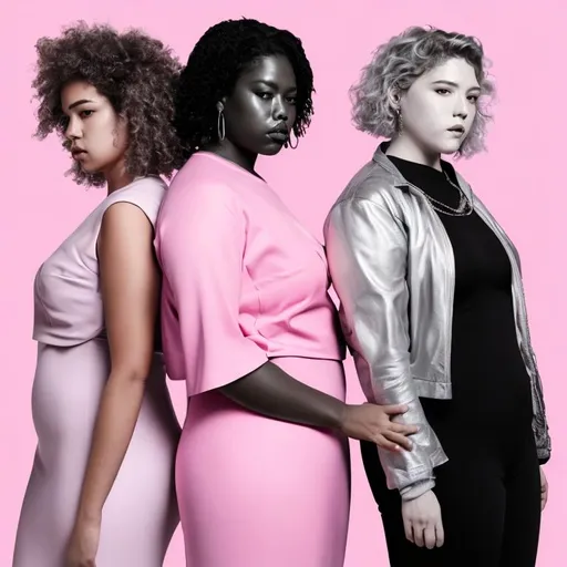 Prompt: Cover for a music album - for 2 sapphic lovers pink silver genderfluid - can’t see face - curvy body - slim body