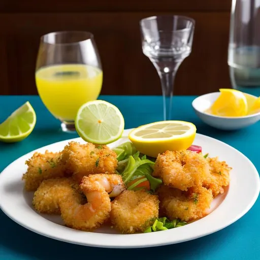 Prompt: "Generate an image of a scene at a tropical beach resort. The table should prominently feature a glass of exceptionally vibrant and green lemon juice, made from bright green Tahiti lemons with ice cubes, radiating an intense green hue. Place a separate plate with exquisitely presented breaded shrimp to the side. Additionally, showcase a glass serving dish filled with a highly varied and colorful tropical fruit salad, brimming with an assortment of beautifully hued and vibrant fruits."" ultra hd, realistic, vivid colors, highly detailed, UHD drawing, pen and ink, perfect composition, beautiful detailed intricate insanely detailed octane render trending on artstation, 8k artistic photography, photorealistic concept art, soft natural volumetric cinematic perfect light"

