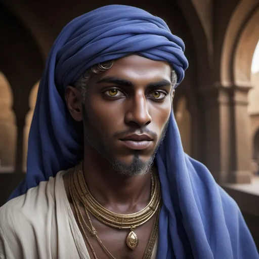 Prompt: You see Keruta Naseem the Disciple of Fash'lo'nae.
He appears to be a Human of the Shakat.
He is tall.  He has sleepy hazel eyes and bronze skin.  The rest of his features are concealed by a sheer gauze veil hanging from his vivid cobalt cameline headscarf.
