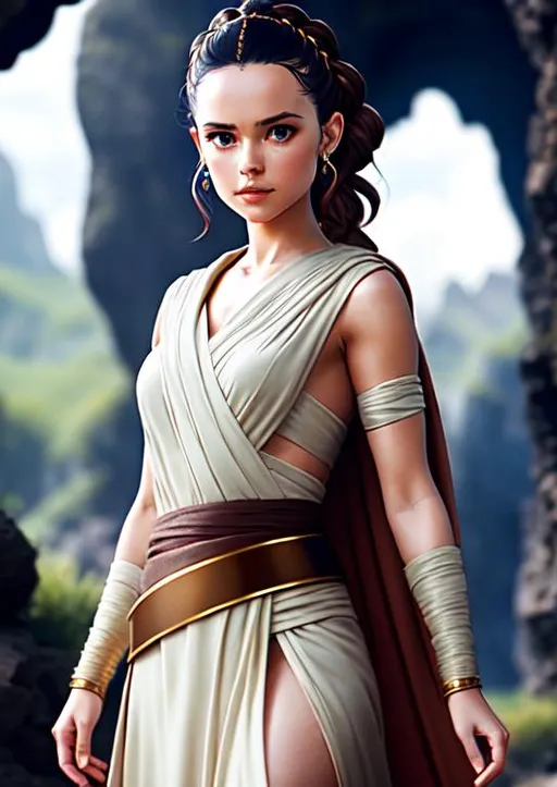 Prompt: Rey from star wars, messy hair, small body, jedi princess cosplay, full body, jewelry set balayage wild hair, royal vibe, UHD, 8K, Very Detail. cave, masterpiece. portrait, happy face