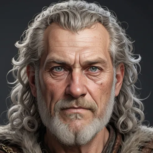 Prompt: hyper-realistic 70 year old human male, grey curly unkept hair, his hair is a rats nest, he has grey eyes, clean shaved face, he is a viking king, fantasy character art, illustration, dnd,