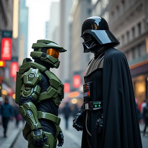 Prompt: Master Chief John 117 from the Halo franchise stands across the street from Darth Vader.