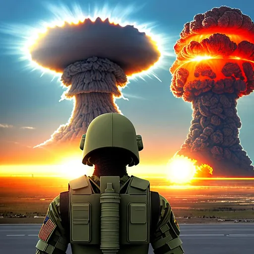 Prompt: Futuristic soldier staring at a nuclear explosion.