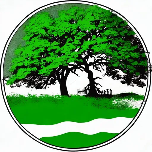 Prompt: Flag with dark green background, white oak tree vector in a green circle with a unique decal around it that is Victorian-like, highly detailed, complimentary colors
