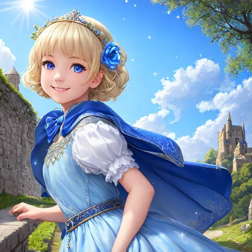 Prompt: long shot medieval stone road near lake bank, petite cute young girl, happy, smile, short blonde hair, blue eyes, detailed blue veil flying dress, detailed flower, looking from below, blue sky, sunshine, sparkles, light dusk, cloudy, windy, hyper detailed, super detailed, hyper realistic, realistic art, 8k, inspired by wlop