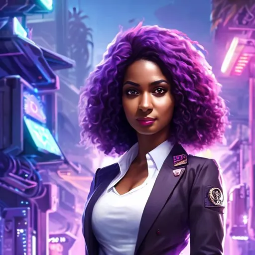 Prompt: attractive hot late-twenties black egyptian woman female, medium-brown skin, sharp nose, short spiky purple hair, smile, government uniform, futuristic tropical island, portrait, realistic details, photorealistic, 8k render, cinematic lighting, ultra detailed