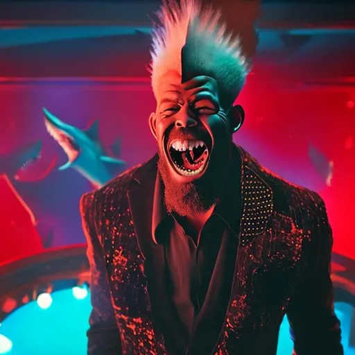 Prompt: Marvin Krondon Jones III as Lonnie Lincoln/The Big Man, wearing a black & blue suit, with a Afro hightop fade hairstyle smiling with shark teeth in his mouth in a red tinted nightclub 