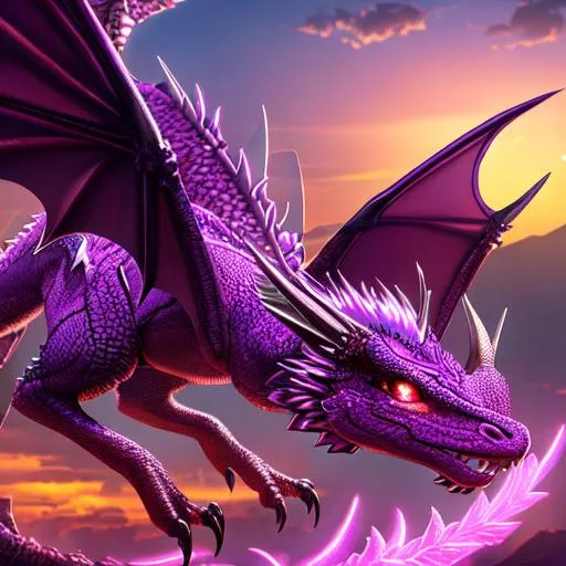 Prompt: Beautiful purple and pink dragon, 8k, high quality, sharp focus, studio photo, intricate details, highly detailed, fairy lights, gothic, full body shot, four legs, one tail, background is a golden sunset landscape