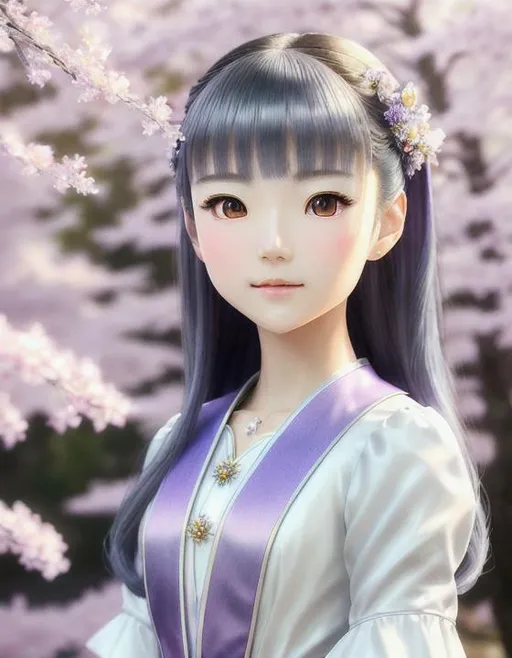 Prompt: 64K UHD HDR Ultra-Realistic Ultra-Detailed Oil Painting of Tomoyo Daidouji. Elegance in Every Brushstroke. Porcelain-White Skin. Wavy Grayish-Violet Hair. Piercing Purple Eyes. Graceful Seasonal Outfits. Serene and Magical. Soft Sunlight Casting a Glow. Octane Render. Eye-Candy. Symbol of Elegance and Wisdom.
