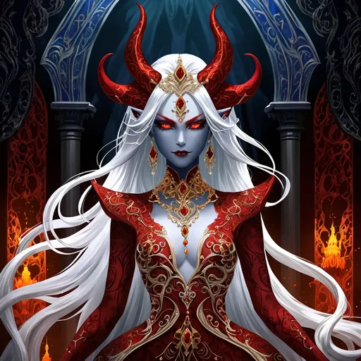 Prompt: Female demon, striking red skin, flowing white hair, adorned in lavish, intricate royal attire, exuding an air of power and elegance, adorned with ornate jewelry and accessories, set against a dramatic, shadowy background, evoking a sense of mystique and allure, high detail, vibrant colors, fantasy realm ambiance.