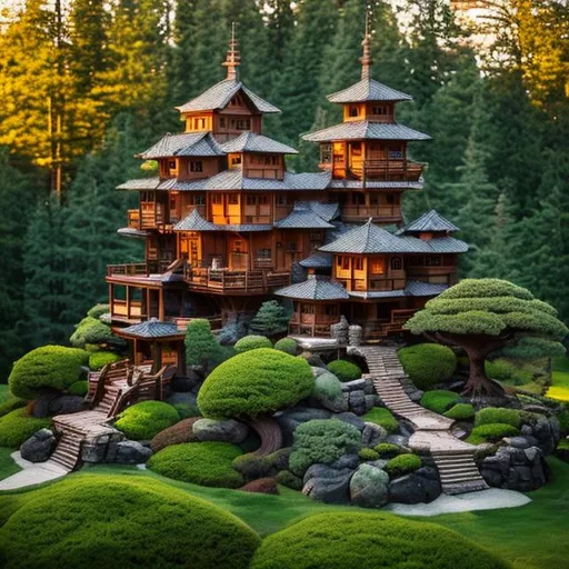 Prompt:  A wooden castle surrounded by green mound juniper bonsai trees, waterfall, rocks, walking path at sunset