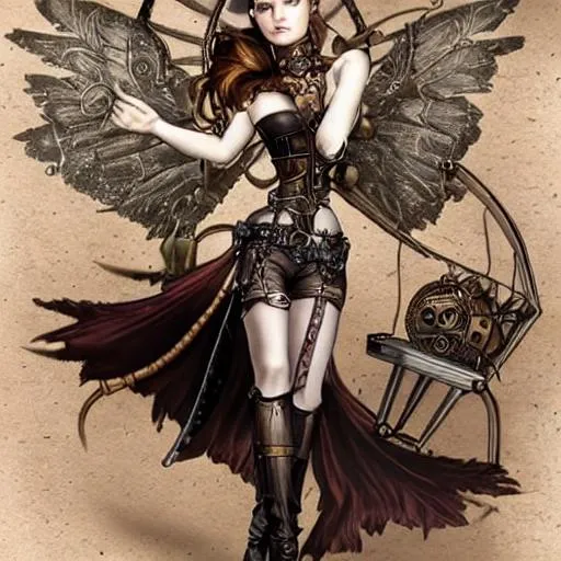 Prompt: A hyper realistic detailed full body image of a flying feminine in a steampunk and dark fantasy theme