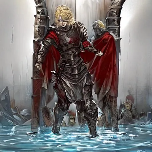 Prompt: The Dragoon Emerging from the lake next. Ragnar, wet from water, stepping on it. Telkrest’s pride and joy. Confident as ever. A taker in his giving nature. Having blonde hair and a strong build fit for a king, he arrives. In his skin, he is armored, fluctuating a red, black and white color. With one eye, a piercing red and the other, a glazed white. “This’ll be fun.”

