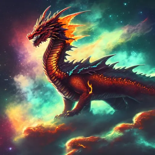 Prompt: "fire dragon with a clear face flys into the nebulas" "heigh quality" "more details" "realistic" "cinematic background"

