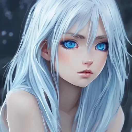 Prompt: Gorgeous woman, beautiful, semi realistic anime style, long white hair, icy blue eyes.